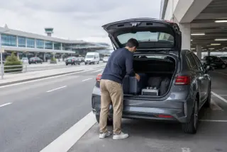 Voyageur rangeant ses bagages et une mallette de boules de pétanque dans le coffre d’une voiture de location près de l’aéroport Paris-Orly.