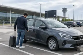 Voyageur vérifiant une voiture de location dans une zone de restitution proche de l’aéroport de Paris-Orly.