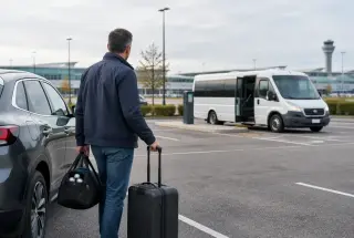 Voyageur avec valise et sac de sport près de sa voiture dans un parking longue durée, avec une navette et l’aéroport de Roissy en arrière-plan.