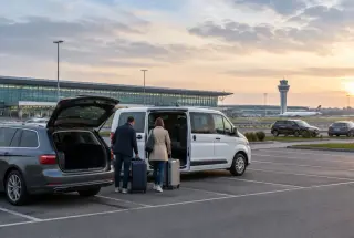 Voyageurs chargeant leurs valises dans une navette blanche depuis un parking longue durée près d’un aéroport.